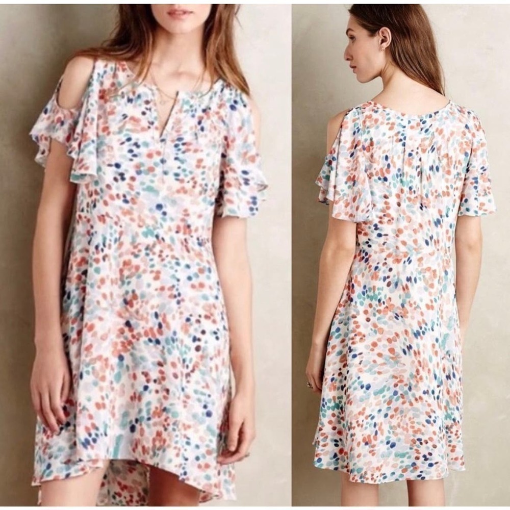 Anthro Maeve Womens Multicolor Cold Shoulder V Neck Spotted Shift Dress Sz Small